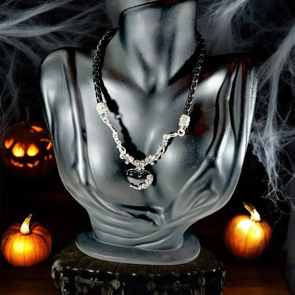 Retro Black Dark Witchy Goth Dark Heart Scroll Necklace Set Deadstock NEW NWT